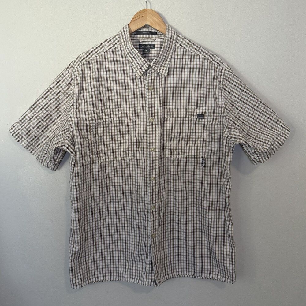 Eddie Bauer Mens XL Plaid Short Sleeve Shirt Classic Fit Brown Hiking Gorpcore